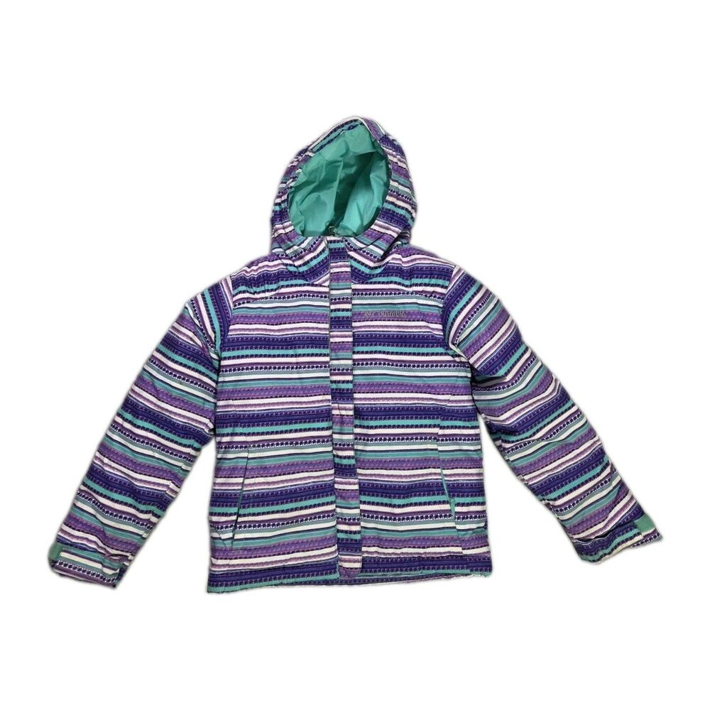 Columbia Girls Hooded Puffer Jacket Purple Teal Stripe Insulated Winter Coat XS - Picture 1 of 12